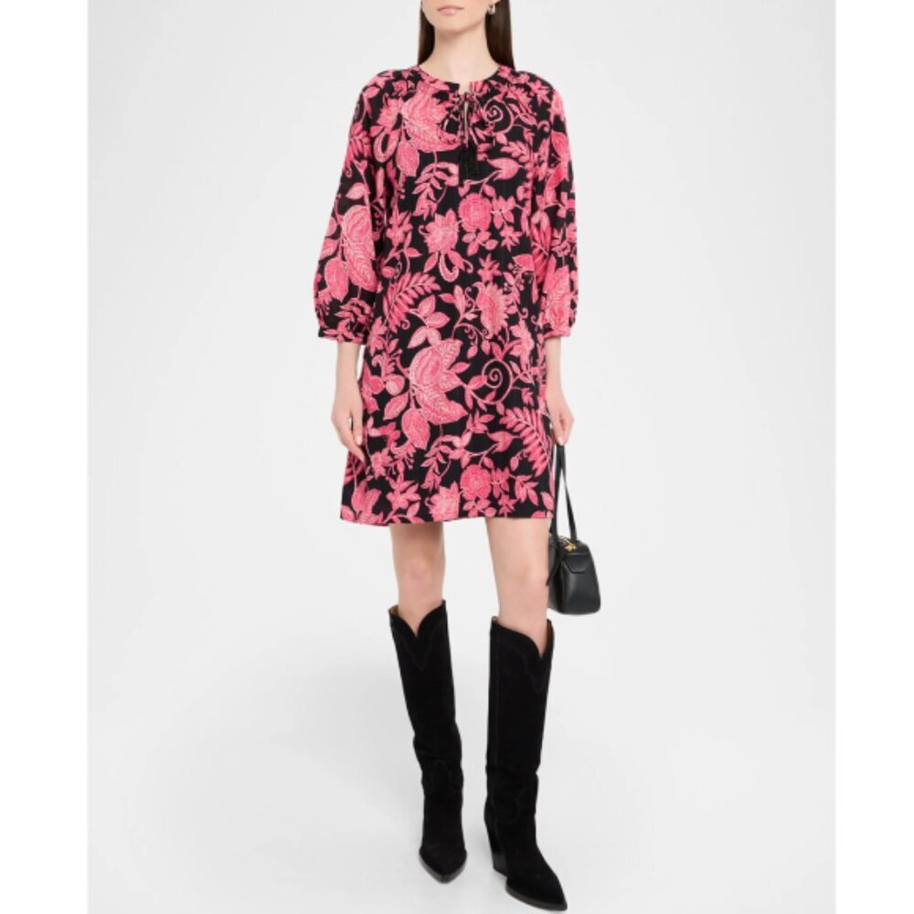 Johnny Was 'Alycia' Botanical-Print Tie-Neck Mini-Dress, Black/Pink